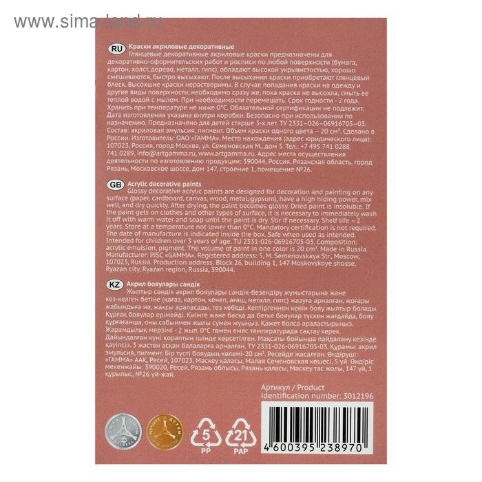 Краска акриловая, набор 6 цветов х 20 мл, Гамма "Хобби", морозостойкая, глянцевая, 3012196