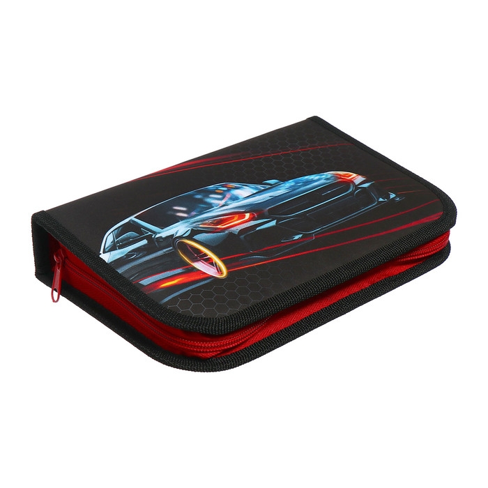 Пенал 1 секция 140 х 210 х 40 мм, откидной карман и косметичка, тканевый, Calligrata TOP Content "Крутая тачка"