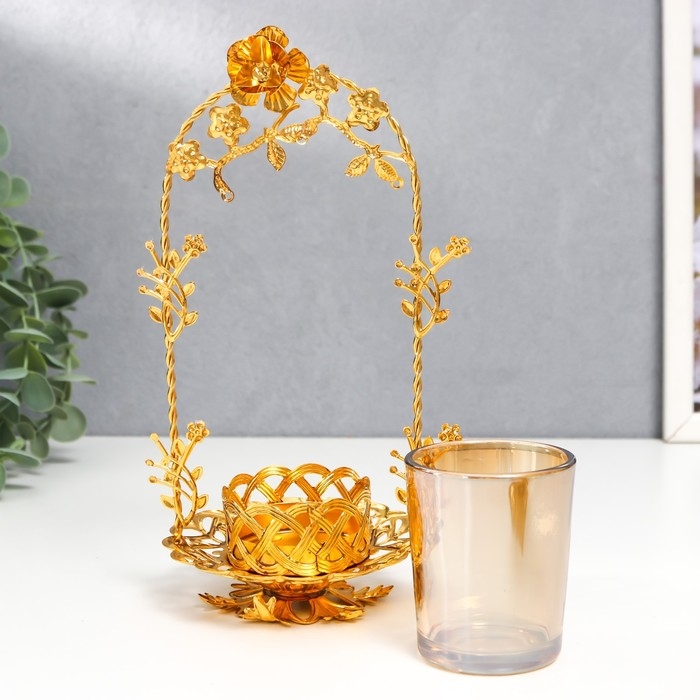 Подсвечник металл, стекло на 1 свечу "Цветочная арка" d-5 см, золото 9,5х11х20 см