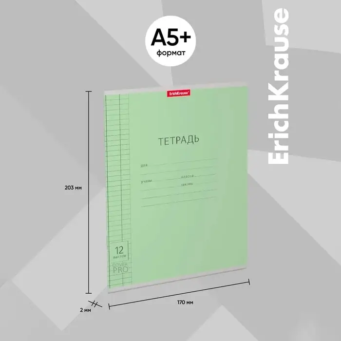 Тетрадь 12 листов в клетку ErichKrause &laquo;Классика&raquo; CoverPrо, пластиковая обложка, зелёная