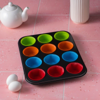 Форма для выпечки Доляна &laquo;Силикон плюс&raquo;, 35&times;26,5&times;2,5 см, 12 ячеек, силиконовые вкладки, антипригарное покрытие, цвет формочек МИКС