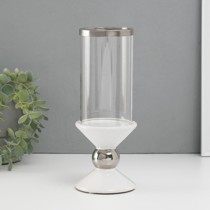 Подсвечник керамика, стекло на 1 свечу "Параллели" d=7,5 см белый с серебром 9,5х9,5х24 см