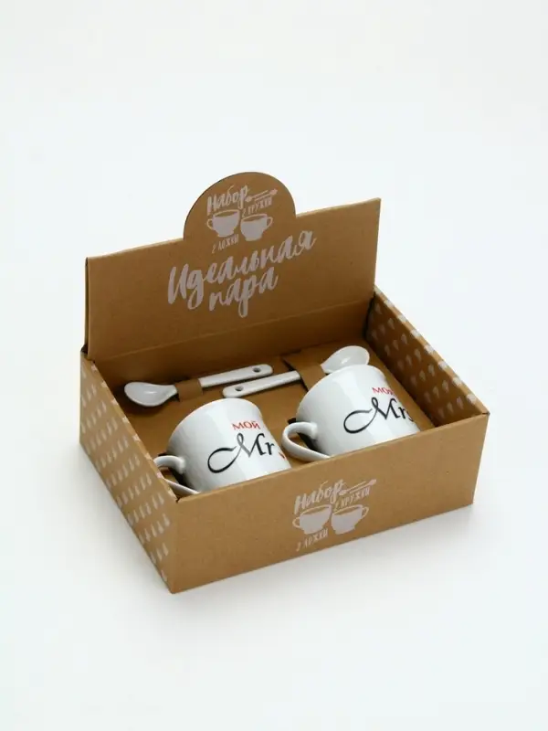 Кружки керамические парные &laquo;Мистер и Миссис&raquo;, 2 шт. по 180 мл., ложка 2 шт.