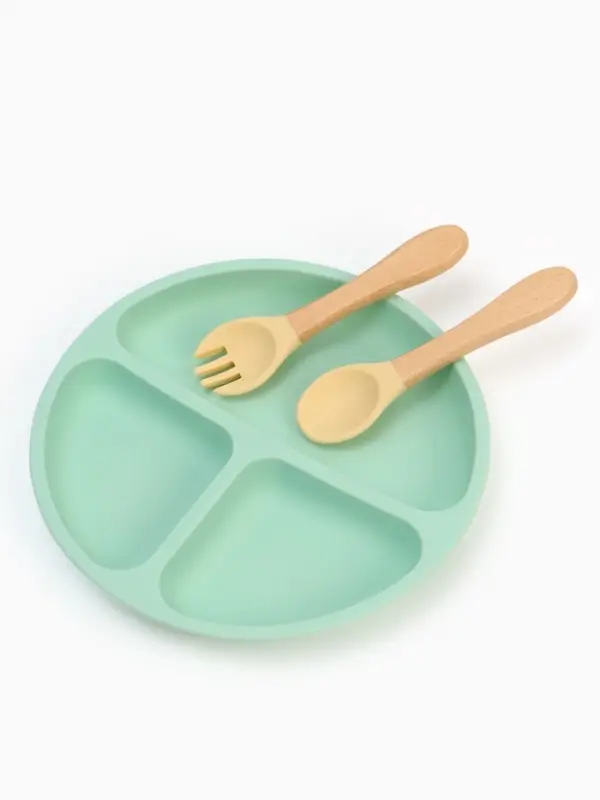 Тарелка детская секционная с ложкой и вилкой, 3 секции, бирюзовый, Mum&Baby