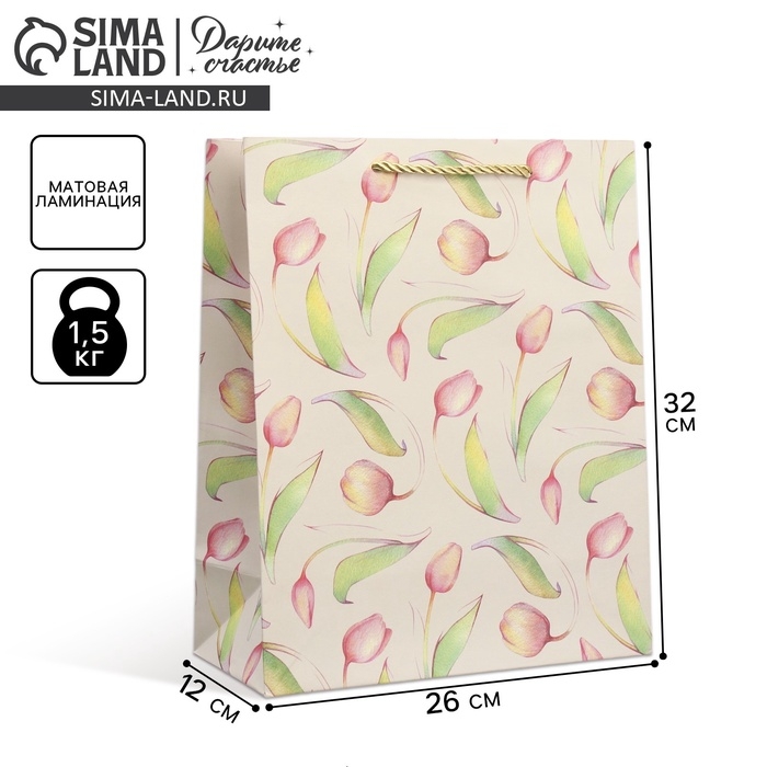 Пакет подарочный, упаковка, &laquo;Тюльпаны&raquo; 32 х 26 х 12 см