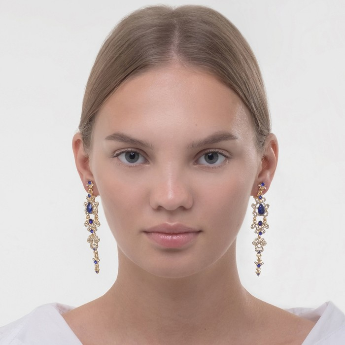 Клипсы &laquo;Ажур&raquo; капли с завитками, цвет бело-синий в золоте