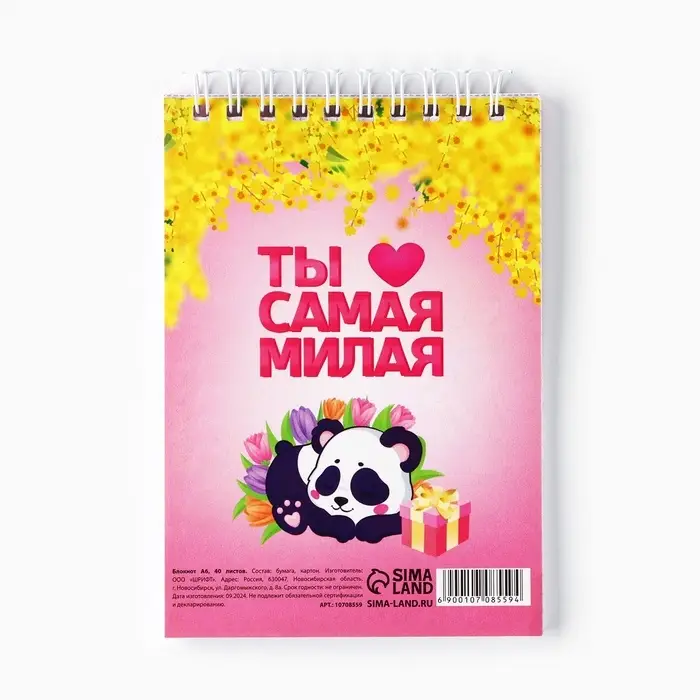 Блокнот &laquo;Панда, 8 Марта&raquo;, А6, 40 листов в клетку, обложка картон