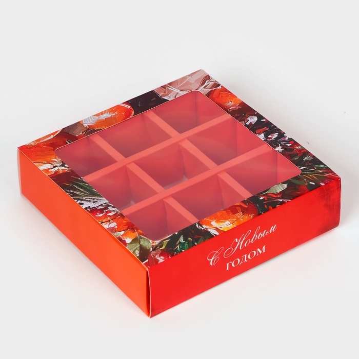 Новый год. Коробка под 9 конфет Новый год. Коробка под 9 конфет "Новогодняя", 13,8 х 13,8 х 3,8 , кондитерская упаковка