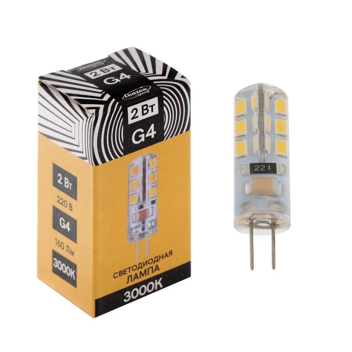Лампа светодиодная Luazon Lighting, G4, 2 Вт, 220 В, 3000 К, 160 Лм, силикон Лампа светодиодная Luazon Lighting, G4, 2 Вт, 220 В, 3000 К, 160 Лм, силикон