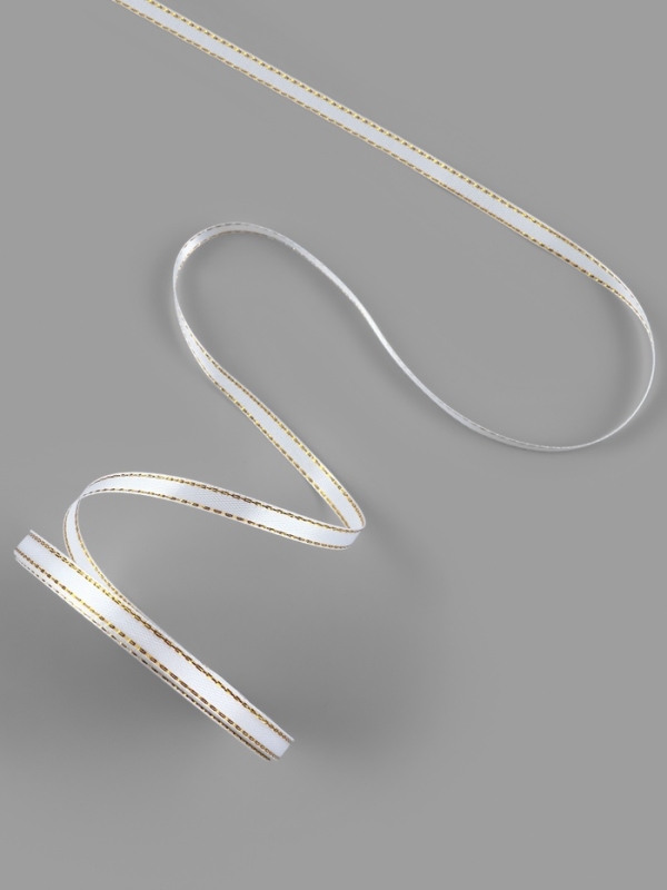 Лента атласная, с золотым люрексом, 6 мм, 23&plusmn;1 м, белая №001