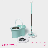 Швабра с отжимом и ведром с металлической центрифугой Доляна, 14 л, запасная насадка из микрофибры, колёсики, МИКС