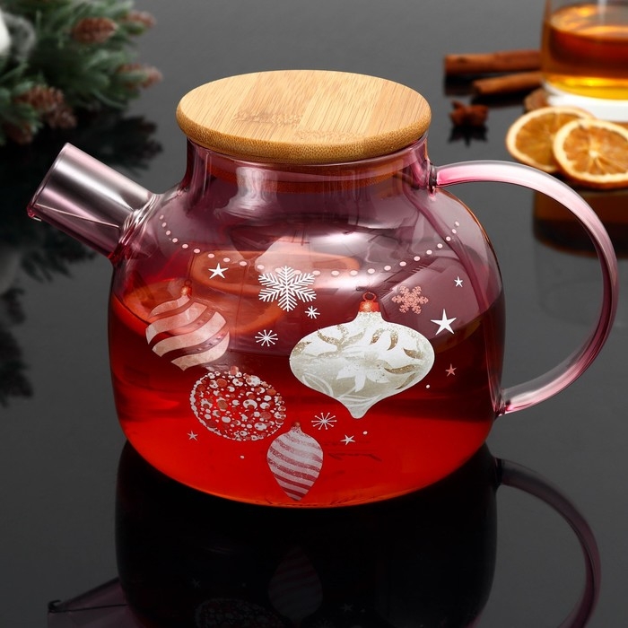 Новый год. Чайник заварочный стеклянный с бамбуковой крышкой &laquo;Розовая сказка&raquo;, 1000 мл