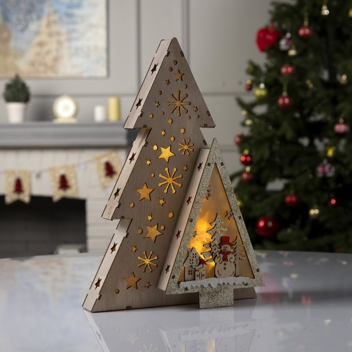 Светодиодная фигура &laquo;Звёздная ель со снеговиком&raquo; 20 &times; 30 &times; 6.5 см, дерево, батарейки АААх2 (не в комплекте), свечение тёплое белое