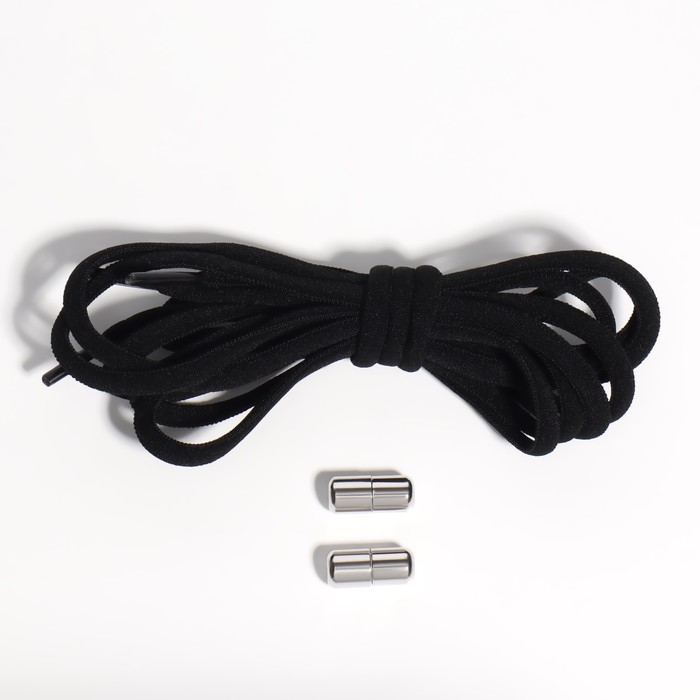 Шнурки для обуви, пара, круглые, с фиксатором, эластичные, d = 5 мм, 100 см, цвет чёрный Шнурки для обуви, пара, круглые, с фиксатором, эластичные, d = 5 мм, 100 см, цвет чёрный