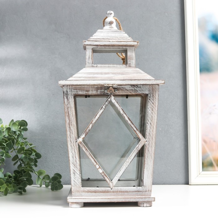 Подсвечник дерево на 1 свечу "Ромб на фонарике" коричневый состаренный 40х20х17 см