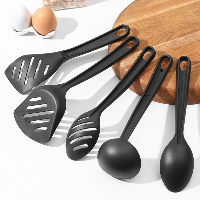 Набор кухонных принадлежностей Доляна «Точки», 5 предметов, цвет чёрный Набор кухонных принадлежностей Доляна «Точки», 5 предметов, цвет чёрный