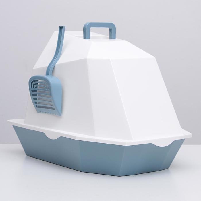 Туалет для кошек фигурный закрытый с совком, 54 х 37 х 40 см, бело-серый