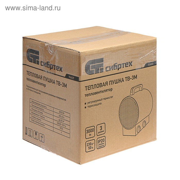 Тепловая пушка Тепловая пушка "СИБРТЕХ" ТВ-3М, электрическая, 1.5/3 кВт, до 20 м2, защита от перегрева