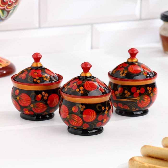 Набор для специй на подставке &laquo;Земляничка&raquo;, 15&times;15&times;6 см, дерево, хохлома