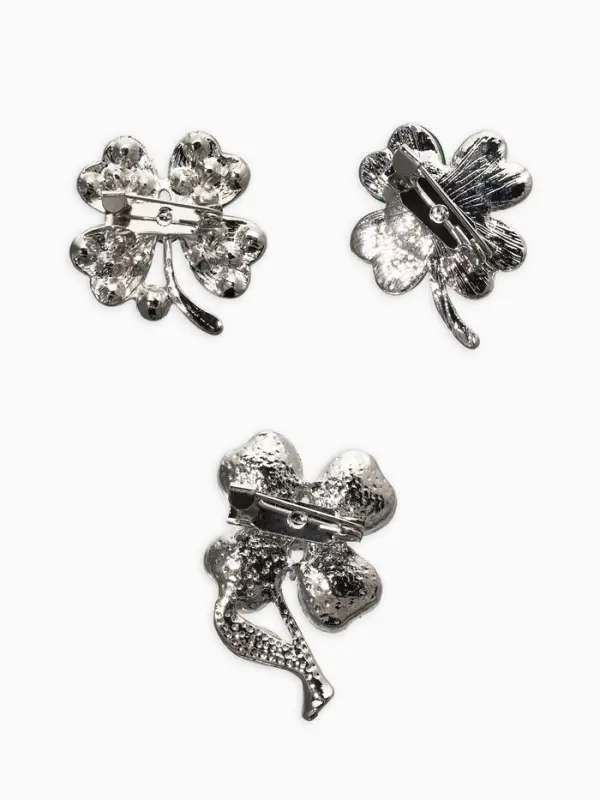 Броши "Клевер" (набор 3шт), цвет зелёный в серебре