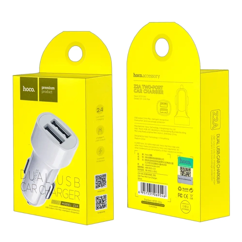 Переходник Z2A АЗУ на 2 USB 2.4A HOCO белый