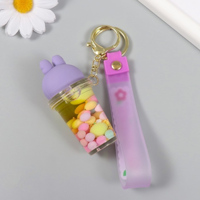 Брелок резина с карабином, ремешком "Стакан с крышкой зайкой" водный с декором 8х3,5х3,5 см   104989