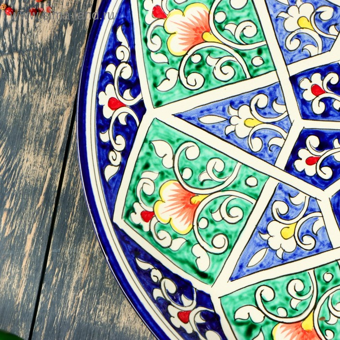 Ляган круглый &laquo;Риштан&raquo;, 36 см, зелёный, орнамент бело-синий