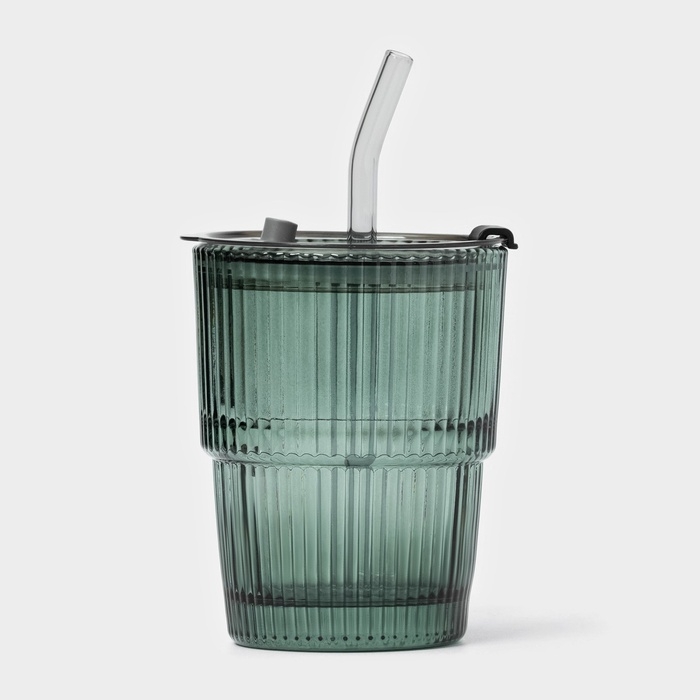 Стакан стеклянный с крышкой и трубочкой &laquo;Вино Верде&raquo;, 350 мл, цвет зелёный