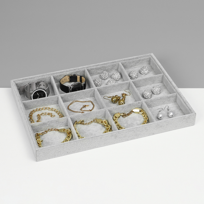 Подставка для украшений 12 ячеек, флок, 35&times;24&times;3, цвет серый