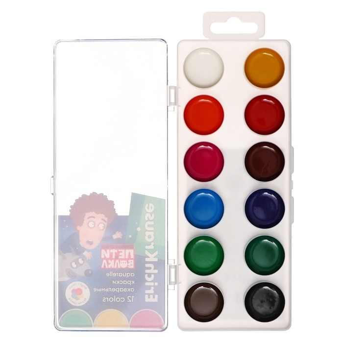 Акварель 12 цветов ErichKrause "Приключения Пети и Волка", без кисти, пластиковая коробка, европодвес