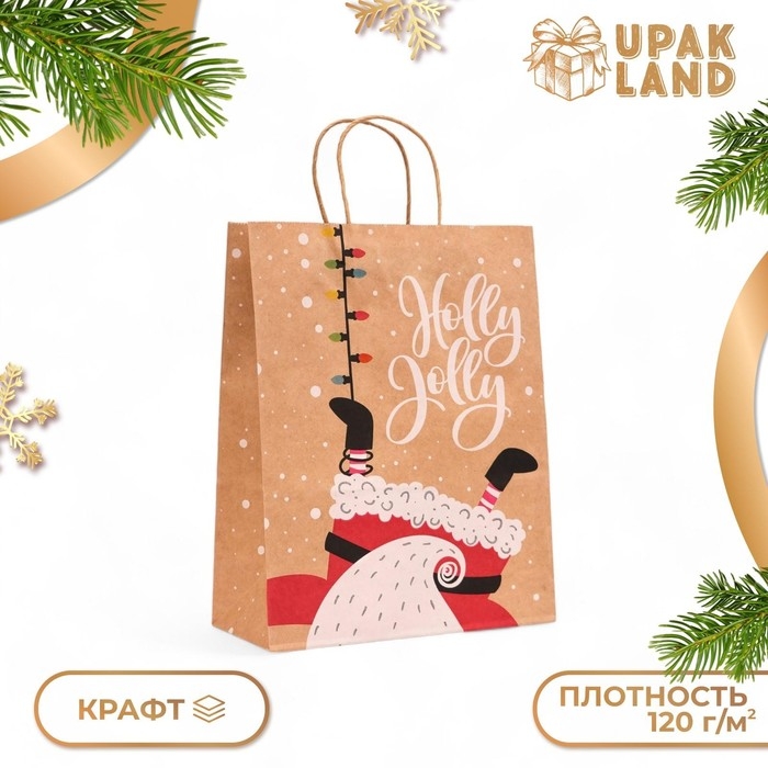 Новый год. Пакет бумажный подарочный новогодний крафт "Гирлянда", 33 &times; 26 &times; 12 см.