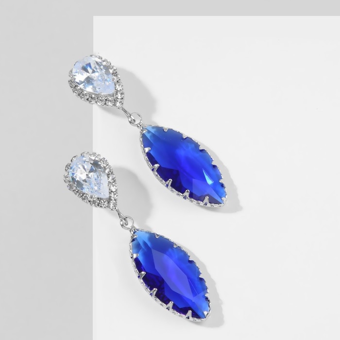 Серьги со стразами «Эдем» миндаль, цвет бело-синий в серебре Серьги со стразами «Эдем» миндаль, цвет бело-синий в серебре