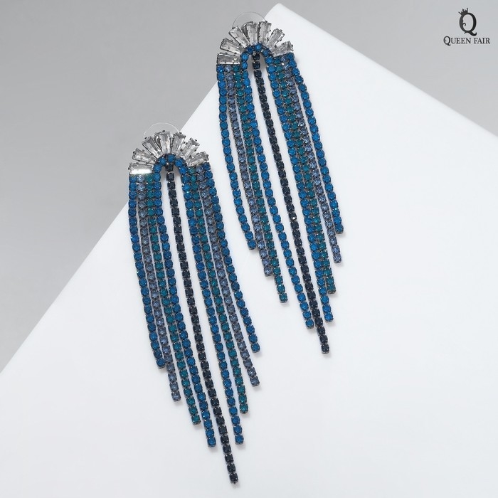 Серьги висячие со стразами «Водопад» веер, цвет синий в сером металле, 9,5 см Серьги висячие со стразами «Водопад» веер, цвет синий в сером металле, 9,5 см