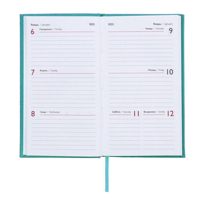 Еженедельник датированный 2025 года, 85х145 мм, 64 листа ESCALADA, твердая обложка из искусственной кожи, блинтовое тиснение, блок 70 г/м&sup2;, бирюзовый