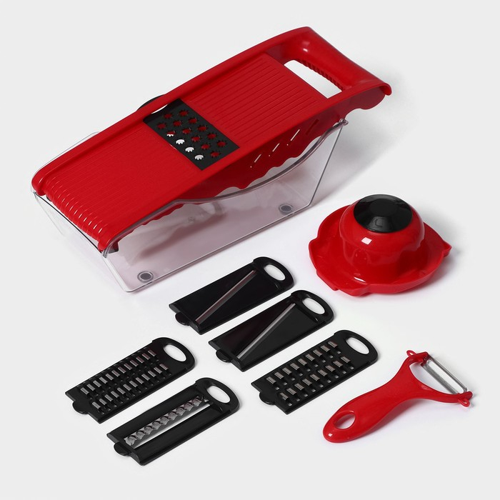 Тёрка с лотком Доляна Vegan, 6 насадок, 30&times;10,5&times;11 см, цвет зелёный, овощечистка металлическая, цвет красный