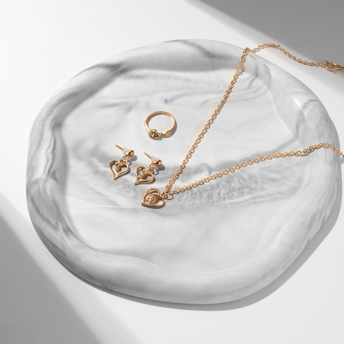 Гарнитур 3 предмета: серьги, кулон, кольцо, размер МИКС (16-18) &laquo;Сердце&raquo;, цвет белый в золоте, 40 см