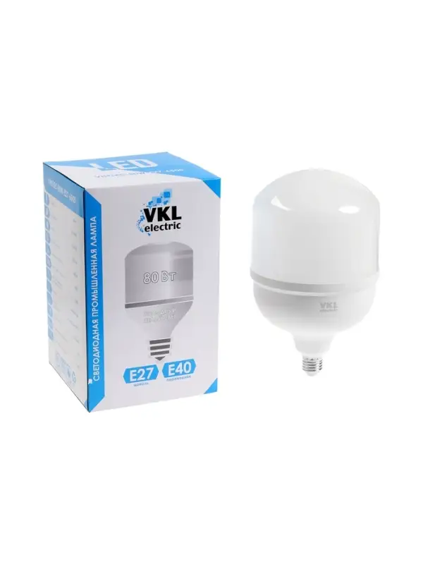 Лампа светодиодная VKL electric, бочка, 80 Вт, E27, переходник Е40, 7600 Лм, 6500K, IP20, 160&times;260мм,