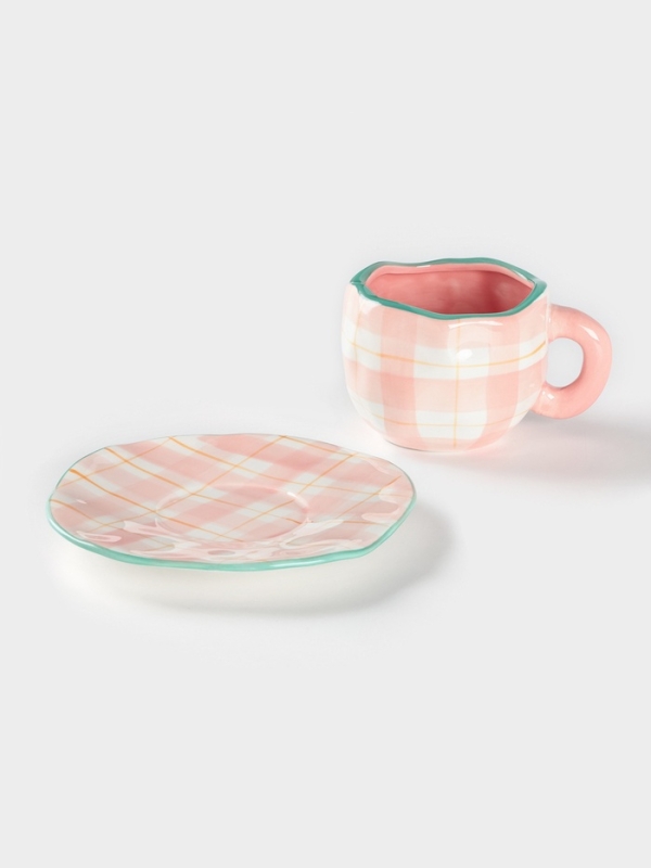 Чайная пара Доляна &laquo;Розовая клетка&raquo;, чашка 220 мл, блюдце d=16 см, ручная роспись, керамика, белая