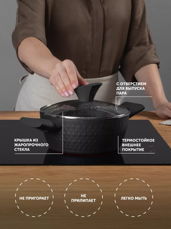 Кастрюля 2 литра Kontur-20C крышка индукция антипригарное