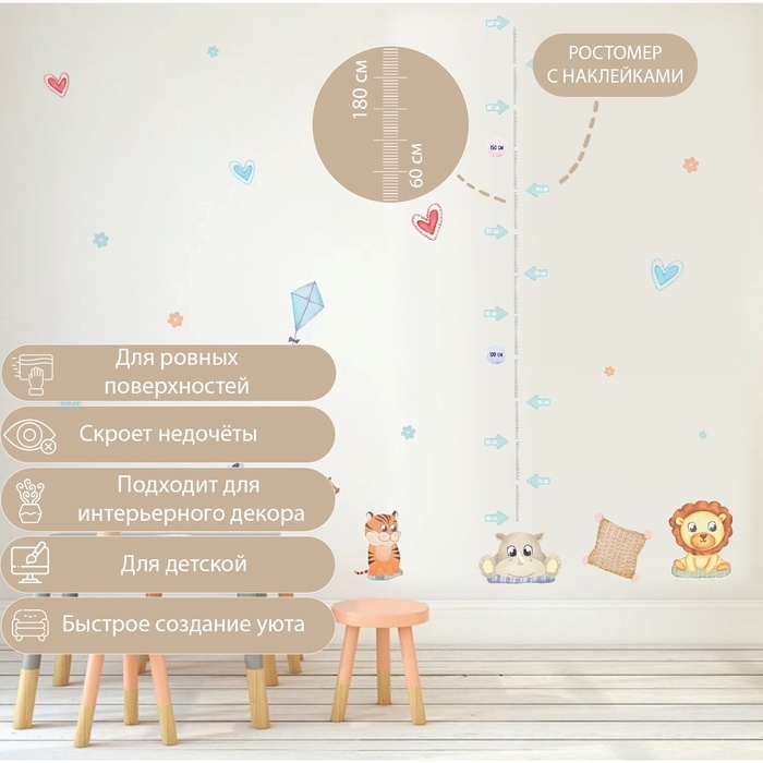 Наклейка интерьерная цветная ростомер Наклейка интерьерная цветная ростомер "Зверушки. Африка" 50х70 см