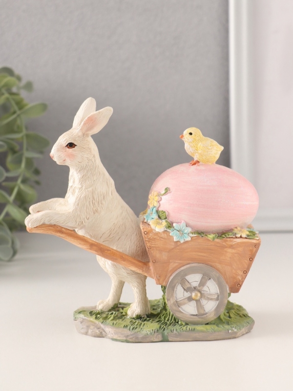 Сувенир полистоун "Кролик везёт тележку с цыплёнком и пасхальным яйцом" 13,5х6х13 см
