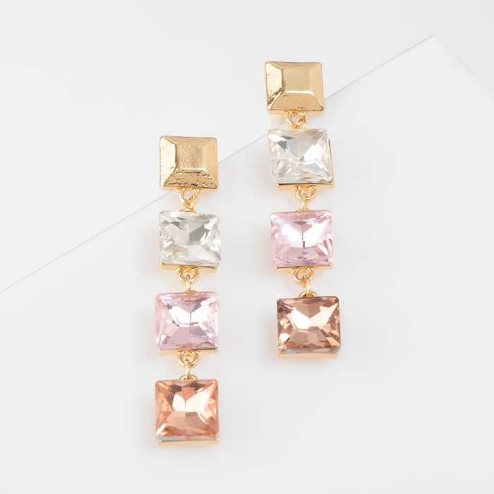 Серьги со стразами &laquo;Блум&raquo; квадраты светлые, цветные в золоте