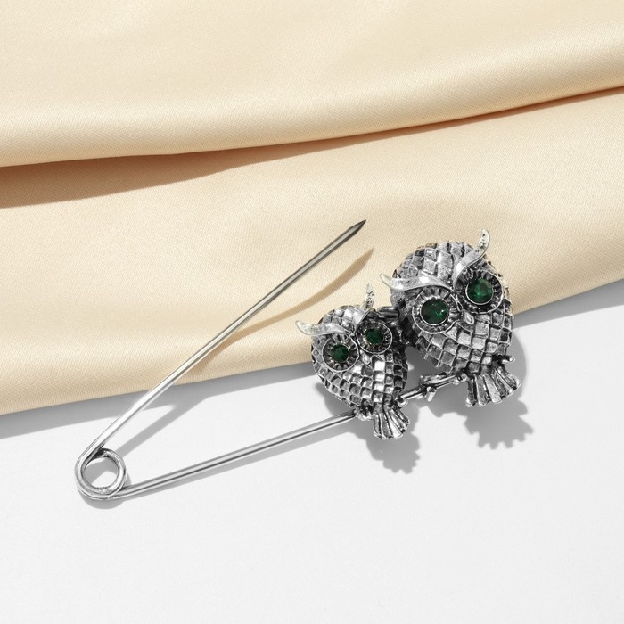 Булавка &laquo;Совы&raquo; пара, 6 см, цвет зелёный в чернёном серебре