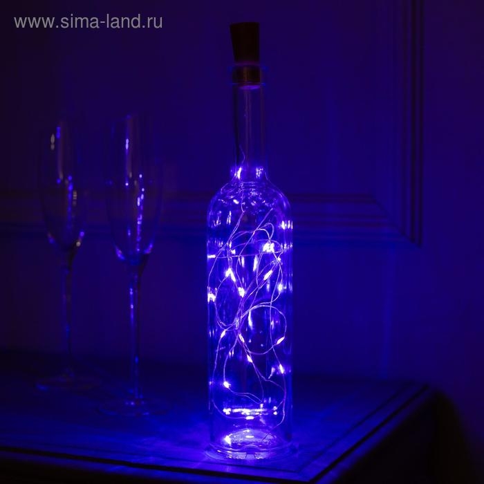 Гирлянда &laquo;Нить&raquo; 2 м роса с пробкой, IP20, серебристая нить, 20 LED, батарейки LR44х3 (в комплекте), свечение фиолетовое