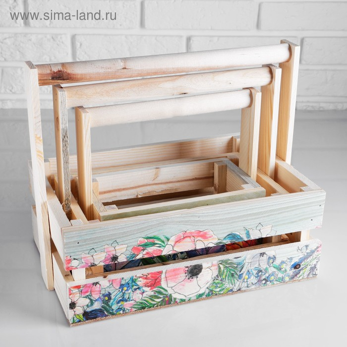 Набор кашпо деревянных подарочных Капоне Набор кашпо деревянных подарочных Капоне "Полевые цветы", 3 в 1, ручка