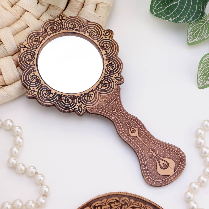 Зеркало &laquo;Цветы&raquo;, с ручкой, хохлома, 16,5 х 9 см, береста