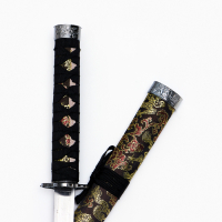 Сув. изделие катаны 3в1 на подставке, ножны ткань, драконы золото на черном 47/70/89см