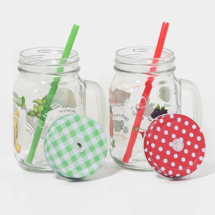 Набор кружек стеклянных Доляна &laquo;Яркий лимонад&raquo;, 2 предмета: 2 кружки с крышками и трубочками 450 мл
