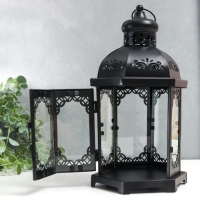 Подсвечник металл, стекло "Фонарь - цветущие вензеля" d-10 см чёрный 13,5х15х29 см