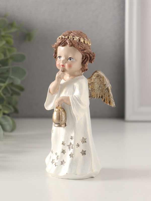 Сувенир полистоун "Ангелочек в платье со звёздами, с фонарём 7х5х13 см